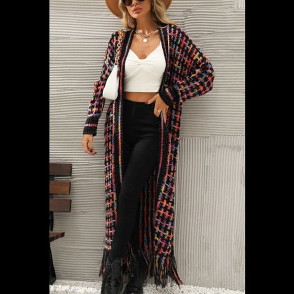 Multicolored Open Front Fringe Hem Cardigan - Picture 3 of 5